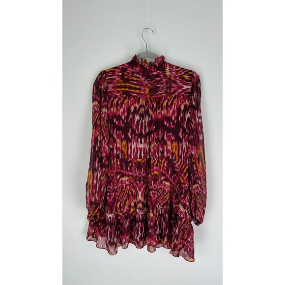House of Harlow 1960 Womens Burgundy Abstract Dress Chiffon Ruffle Neck Size 10 - Picture 5 of 13